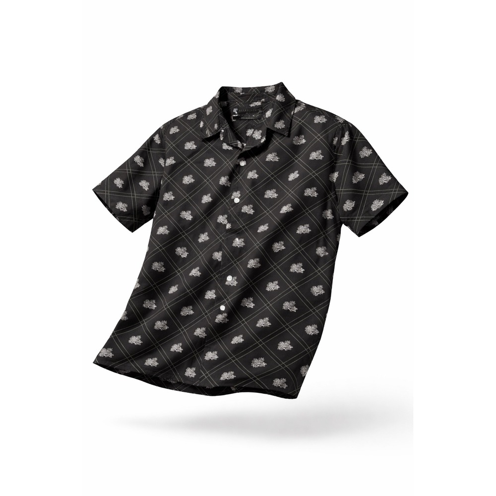 AllSaints Button Shirt Men XL Black Viscose Floral Rose Short Sleeve Luxury